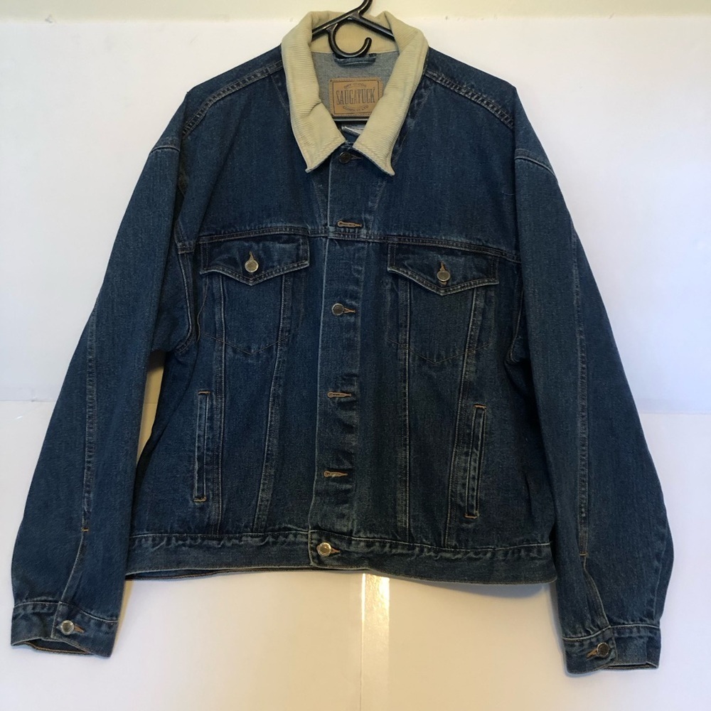 Saugatuck Men's Dark Blue Trucker Jean Jacket with Corduroy Collar Sz XL Vintage